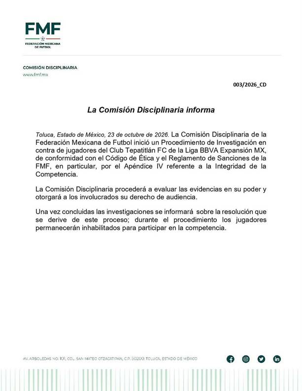 Comunicado de FMF contra Tepatitlán