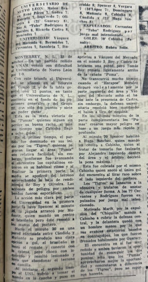 La crónica de La Afición del Tigres vs. Pumas del 23 de octubre de 1976.