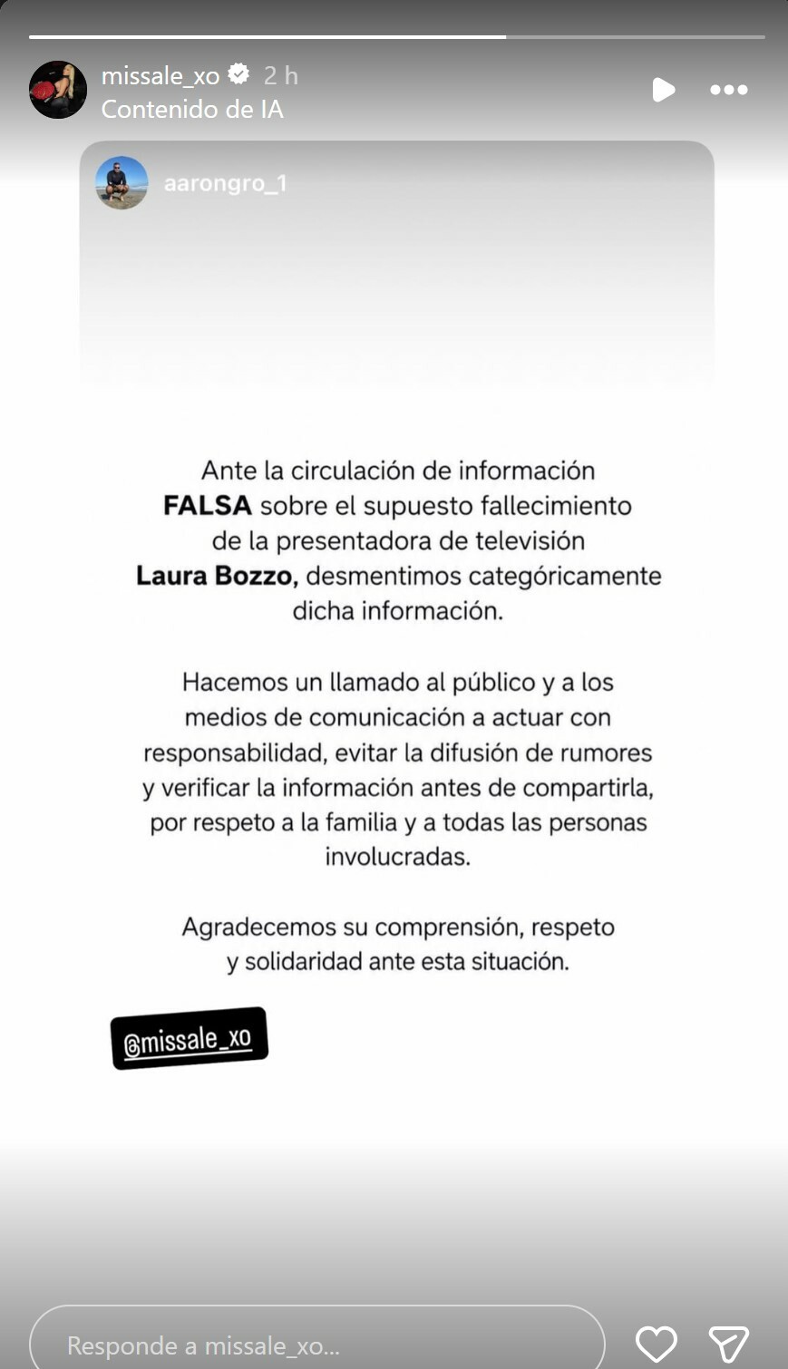 Alejandra de la Fuente compartió el comunicado oficial sobre el estado de salud de Laura Bozzo. (Captura de pantalla)